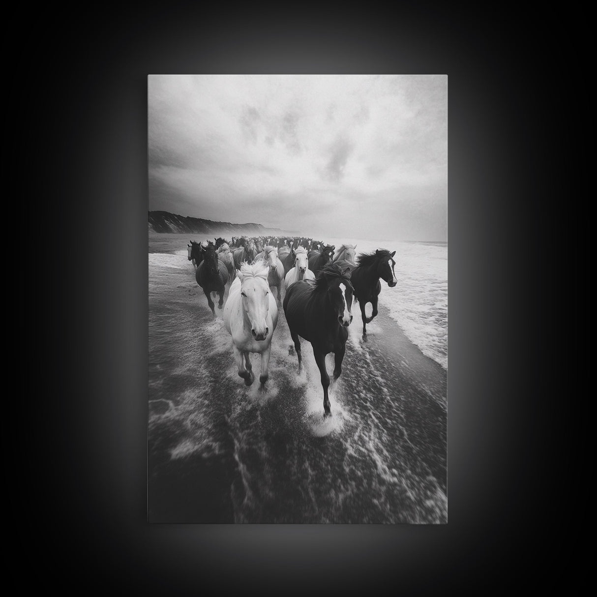 Horse wall art, wild mustangs, moody art, rustic decor, nature photography, black and white art, panoramic art, canvas print, living room art