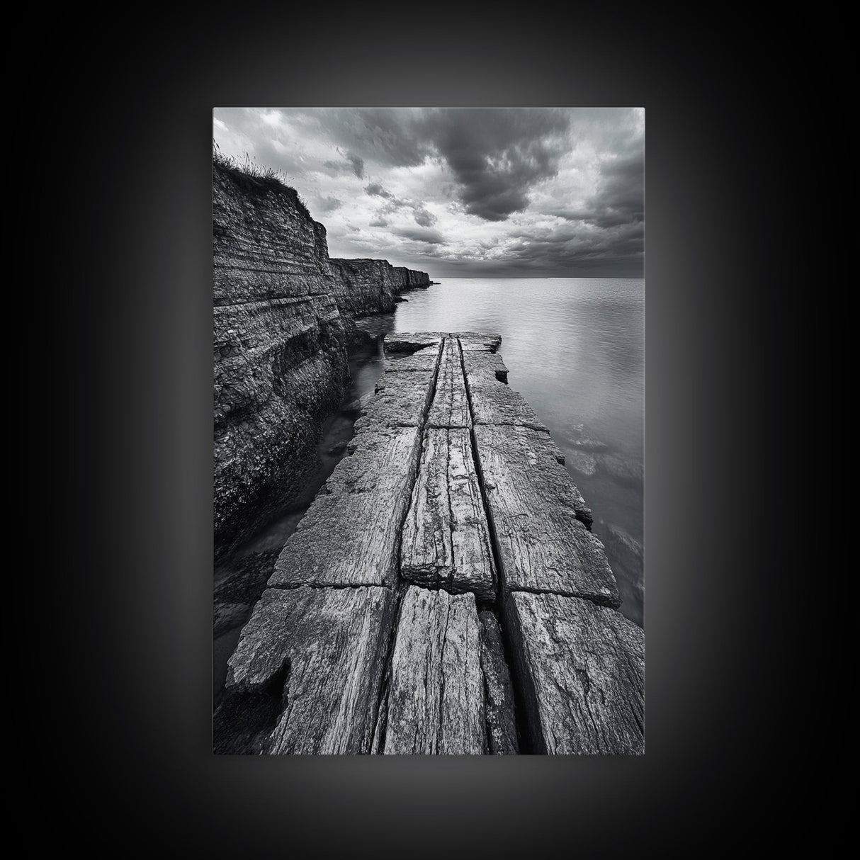 Cliffside view, nautical decor, rustic photography, seascape painting, wabi sabi art, black and white art, canvas print, above sofa art