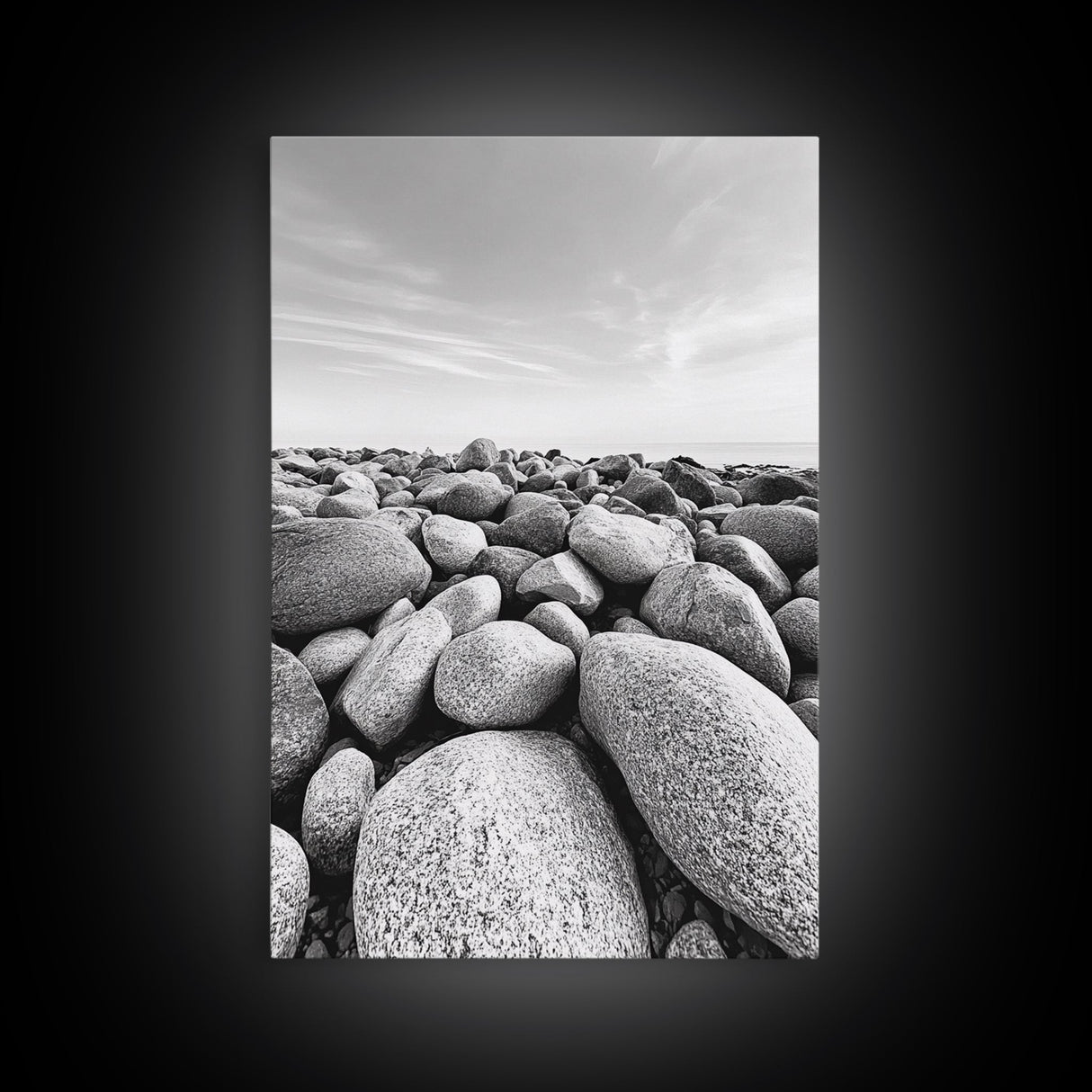 Stone beach, coastal landscape art, black and white art, wabi sabi wall art, minimalist art, nature photography, framed canvas print