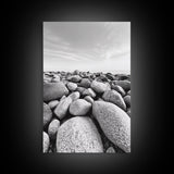 Stone beach, coastal landscape art, black and white art, wabi sabi wall art, minimalist art, nature photography, framed canvas print