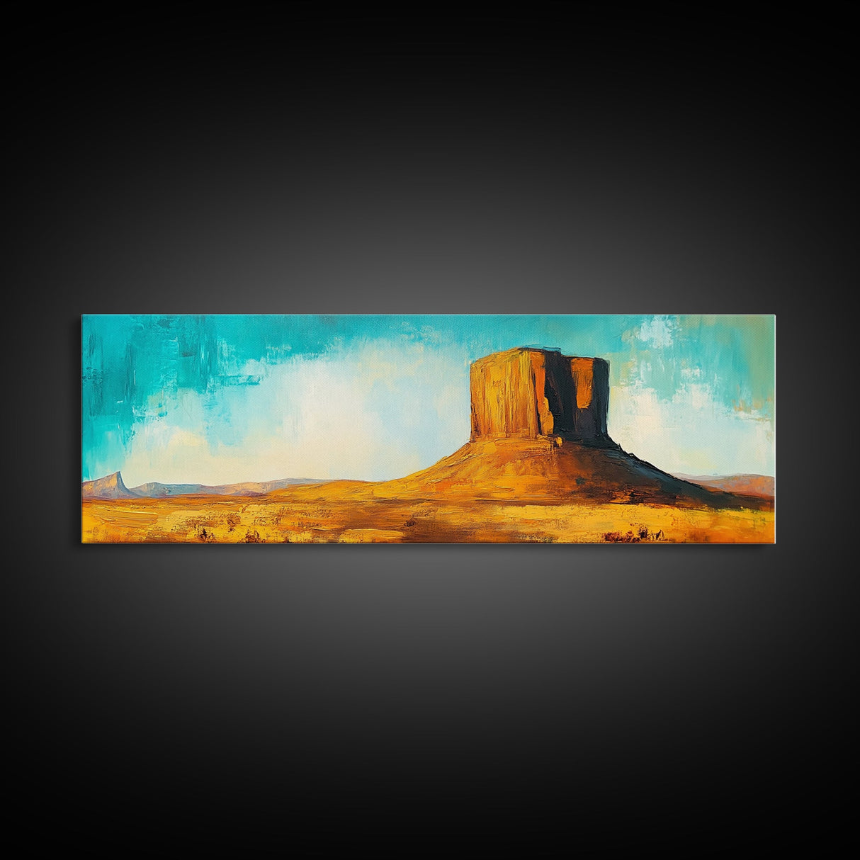 Monument Valley, southwest wall art, mountain painting, rustic wall art, blue and green wall art, extra wide art, Canvas Print