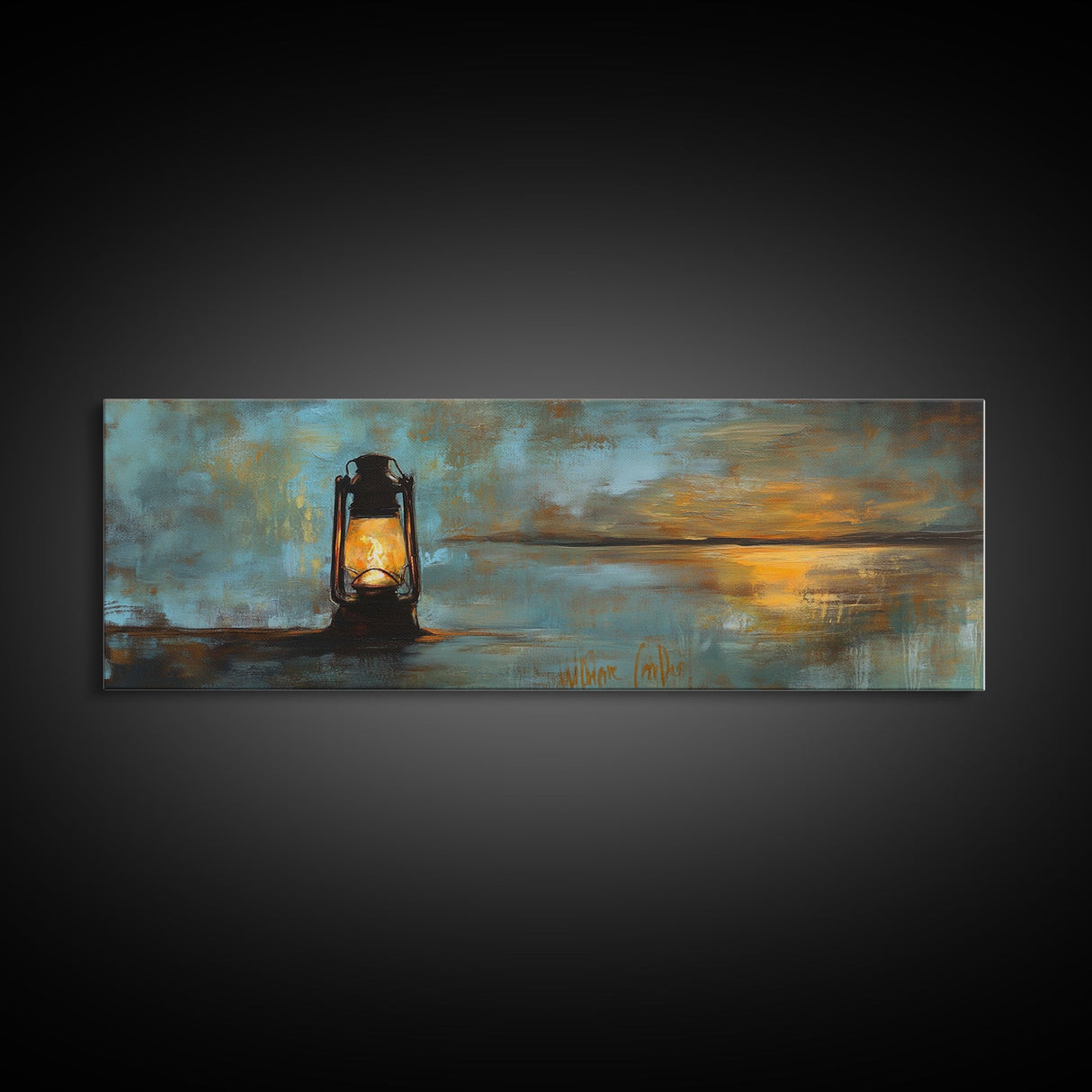 Lantern, rustic art, moody art, oil painting, long narrow wall art, extra wide art, above sofa art, Framed Canvas Print