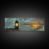 Lantern, rustic art, moody art, oil painting, long narrow wall art, extra wide art, above sofa art, Framed Canvas Print