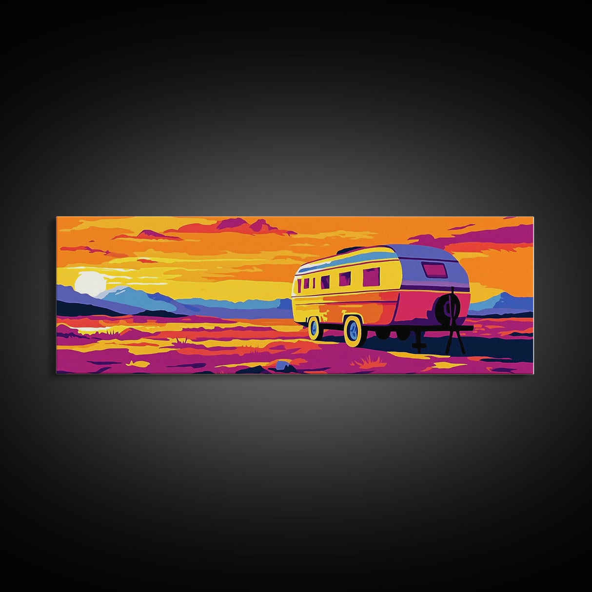 Camper, vintage Christmas, retro art, southwest wall art, extra wide art, gift idea for her, pink orange wall art, Canvas Print