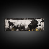 Black and White Cow, farmhouse art, rustic wall art, extra wide art, wabi sabi art, vintage horse art, Canvas Print