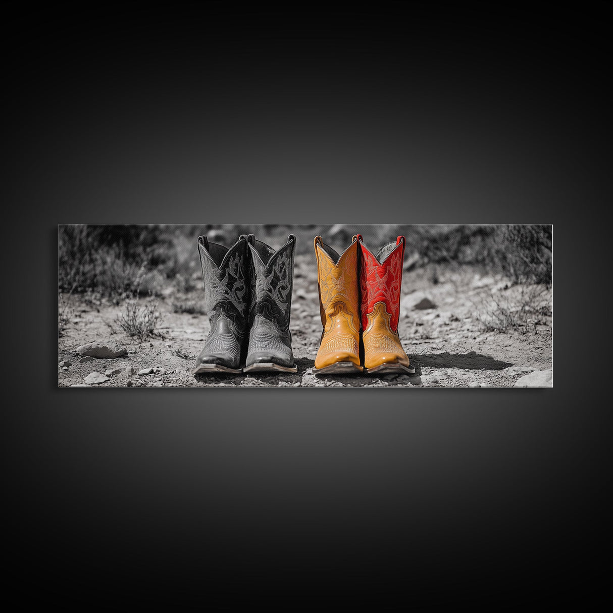 Cowboy Boots, Western Decor, Rustic Wall Art, Country Style Art, Farmhouse Art, Moody Art, Extra Wide Art, Framed Canvas Print