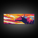 Sunset Bull, bull art, southwest wall art, pink orange wall art, extra wide art, rustic decor, Canvas Print