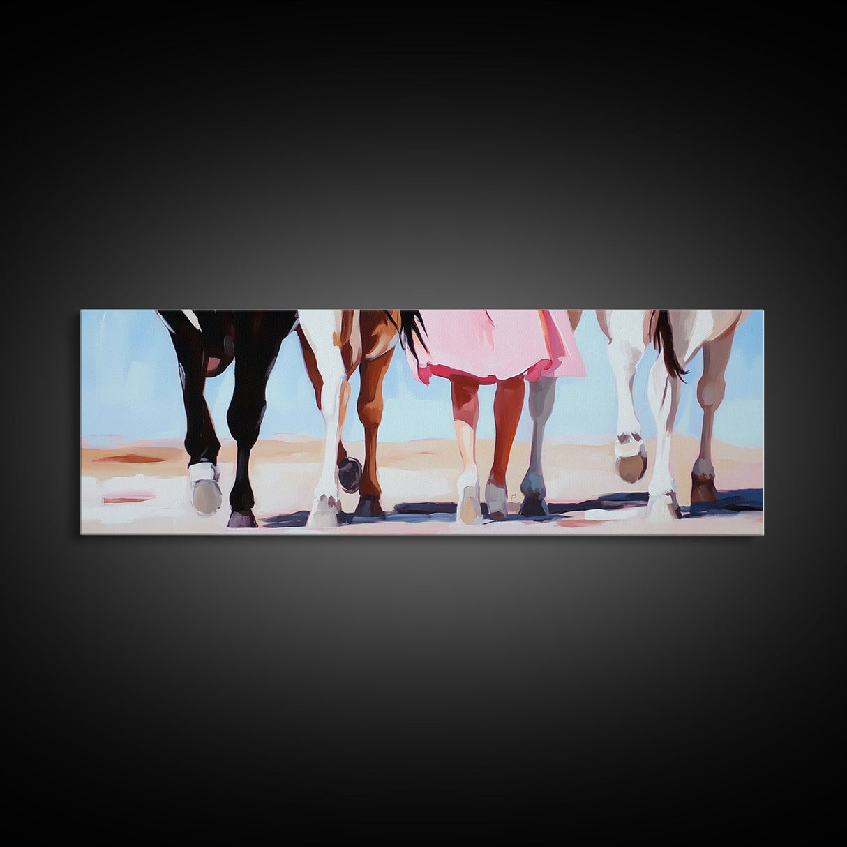 Horse Walk, western art, cowboy painting, rustic decor, extra wide art, panoramic art, framed canvas print, long narrow wall art
