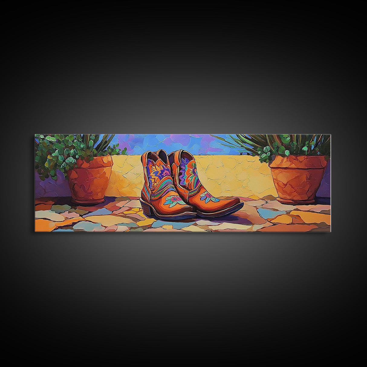 Floral Cowboy Boots, boho art, chicano art, whimsical art, southwest wall art, western decor, pink orange wall art, Framed Canvas Print