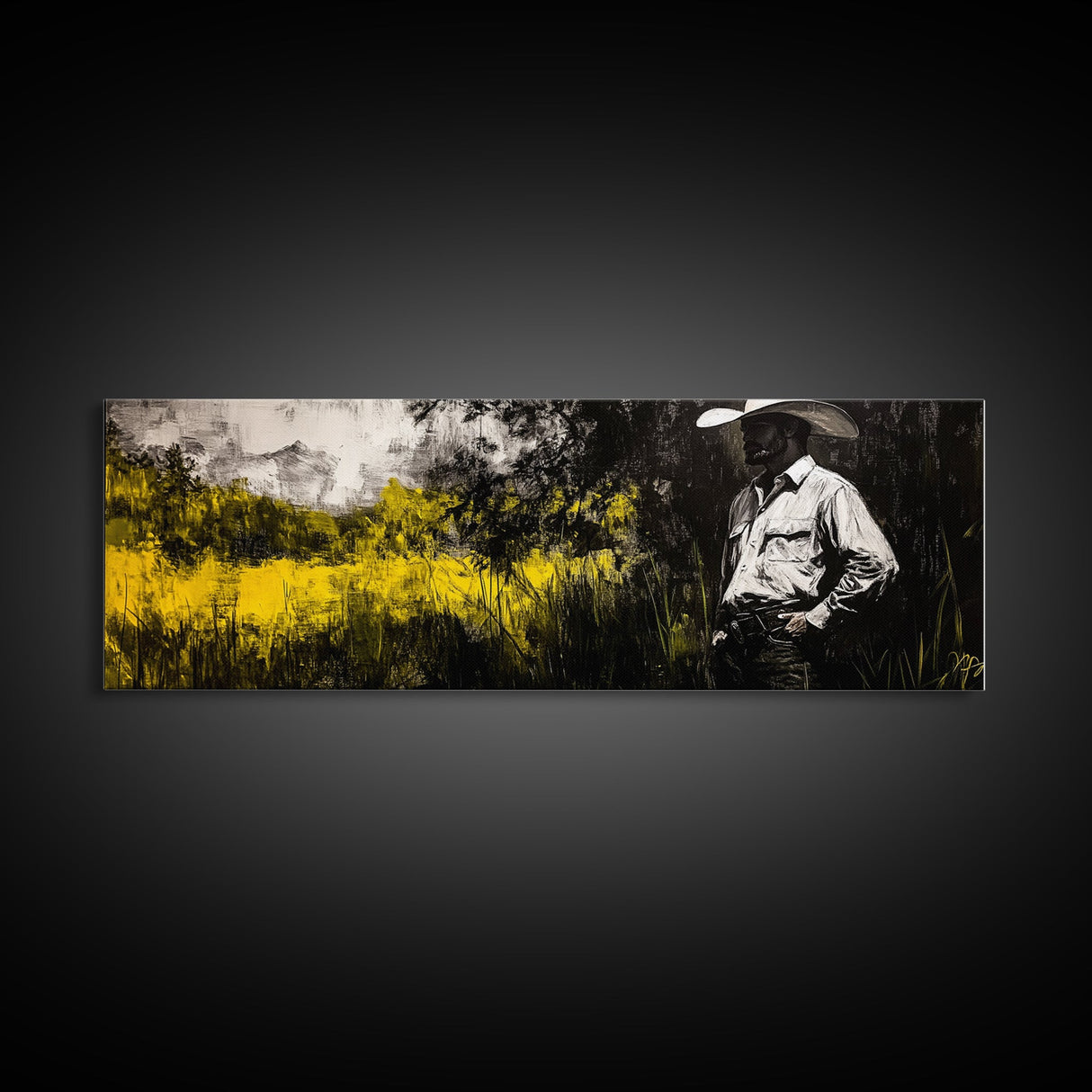 Cowboy in Field, Rustic Wall Art, Farmhouse Art, Canvas Print, Vintage Horse Art, Extra Wide Art, Moody Art, Wabi Sabi Art