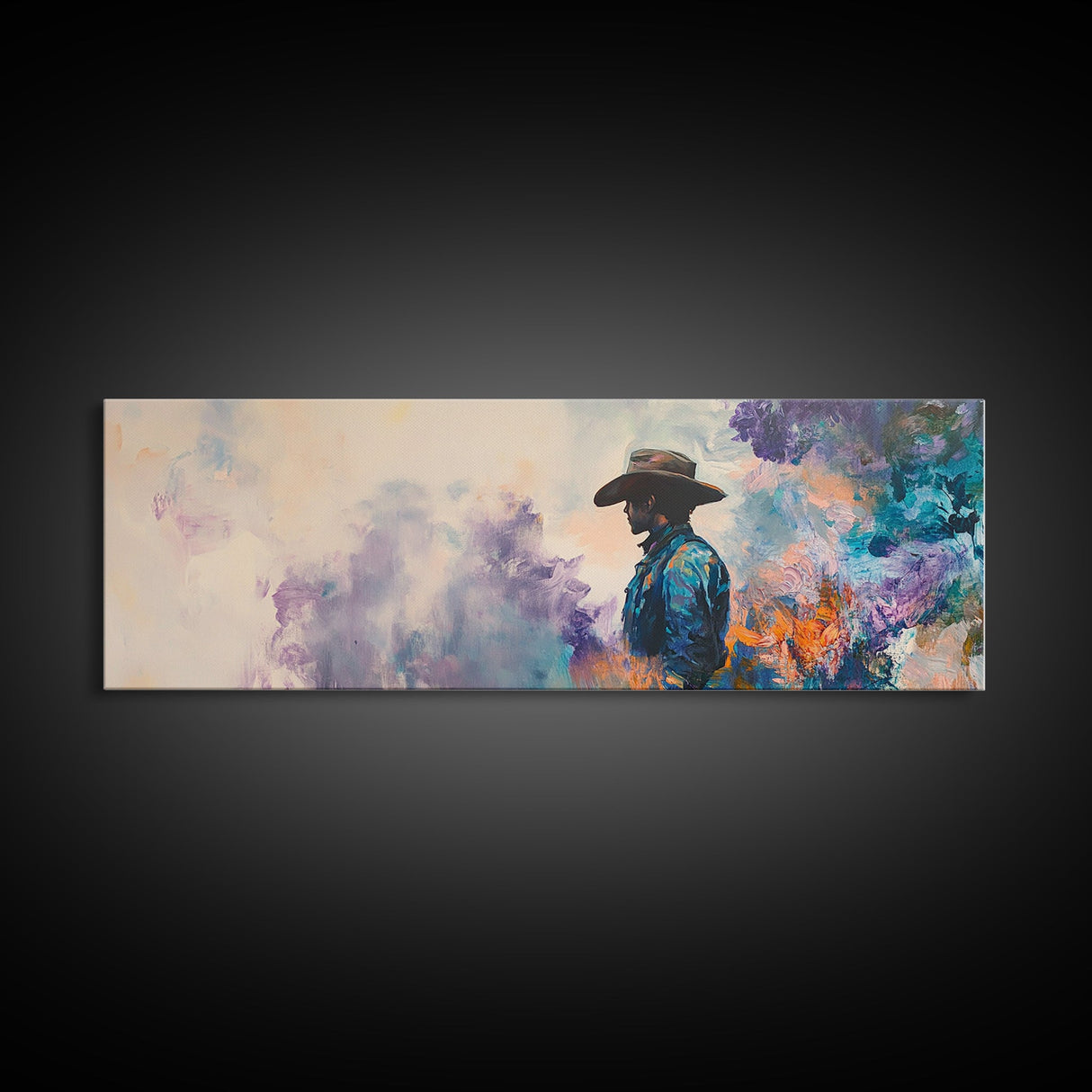 Lone Cowboy Painting, Panoramic Art, Rustic Decor, Framed Canvas Print, Blue and Green Wall Art, Moody Art, Southwest Wall Art