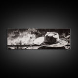 Western Hat Art, Black and White Art, Framed Canvas Print, Rustic Wall Art, Wabi Sabi Art, Extra Wide Art, Minimalist Art