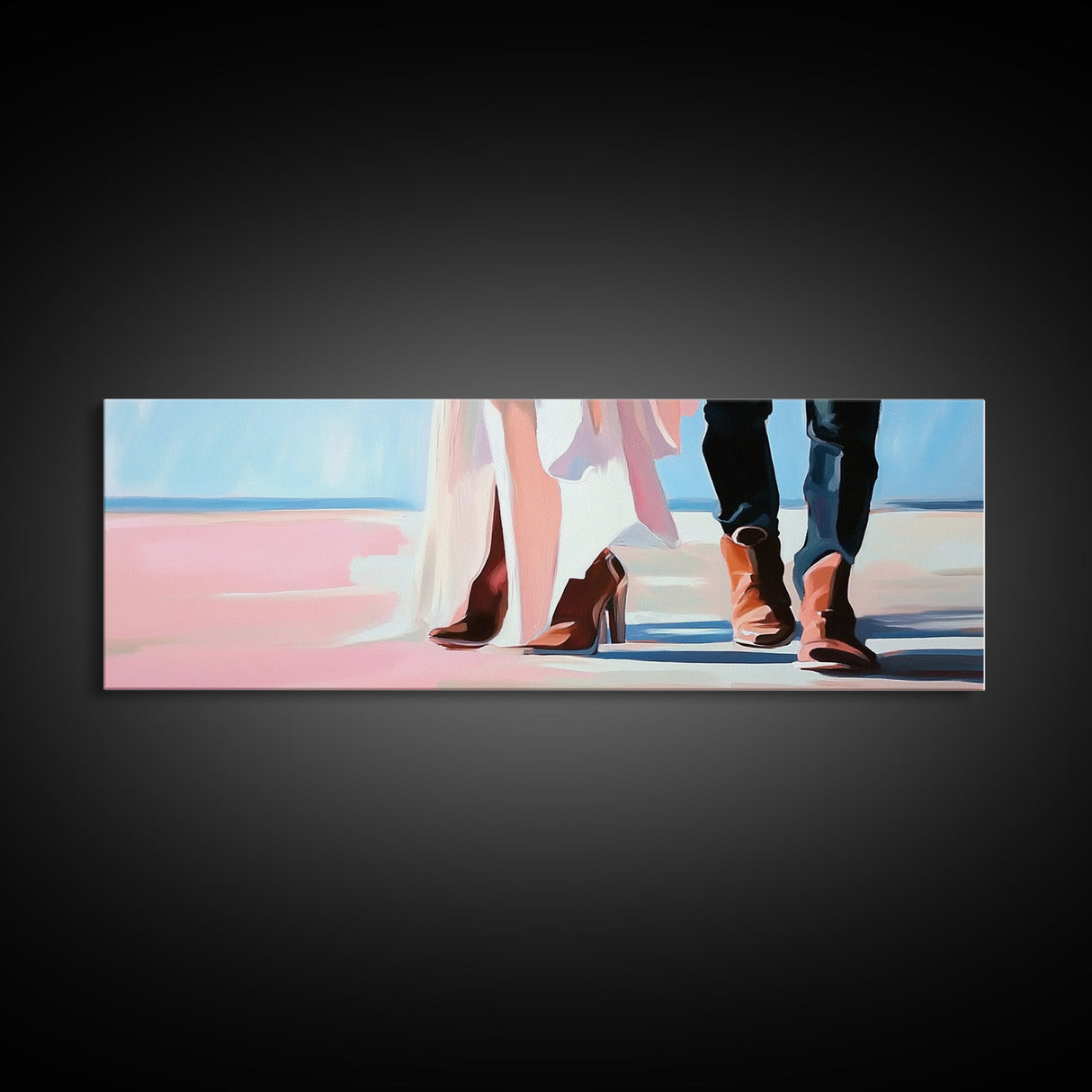 Beach Wedding Art, cowboy boots painting, coastal decor, coastal cowgirl wall art, extra wide art, framed canvas print, horizontal wall art