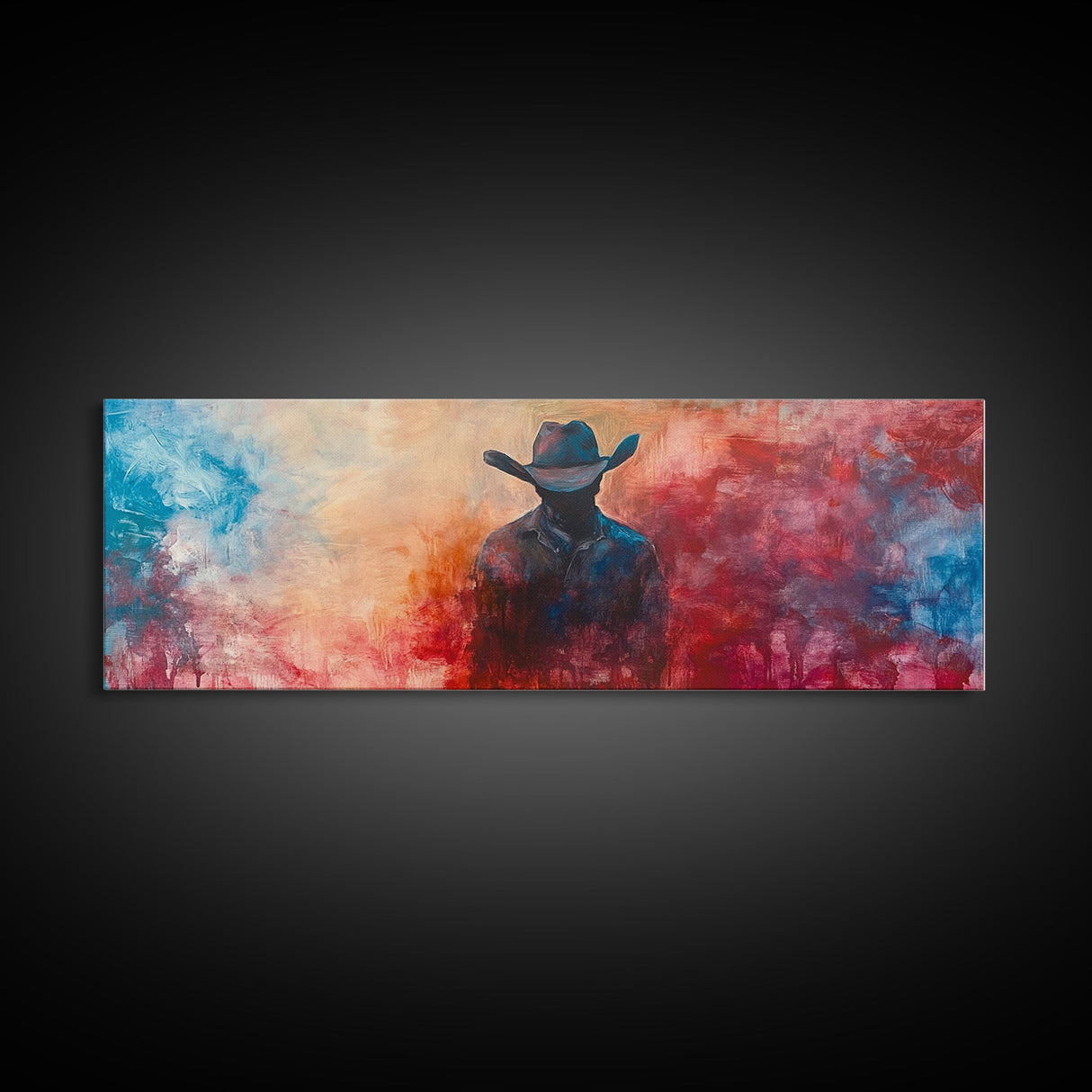 Moody Cowboy Art, dark romance painting, rustic wall art, southwest wall art, extra wide art, framed canvas print, panoramic painting