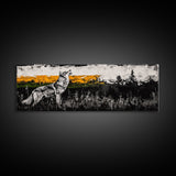 Howling Wolf Art, coyote painting, southwest wall art, rustic decor, black and white art, extra wide art, framed canvas print, panoramic painting