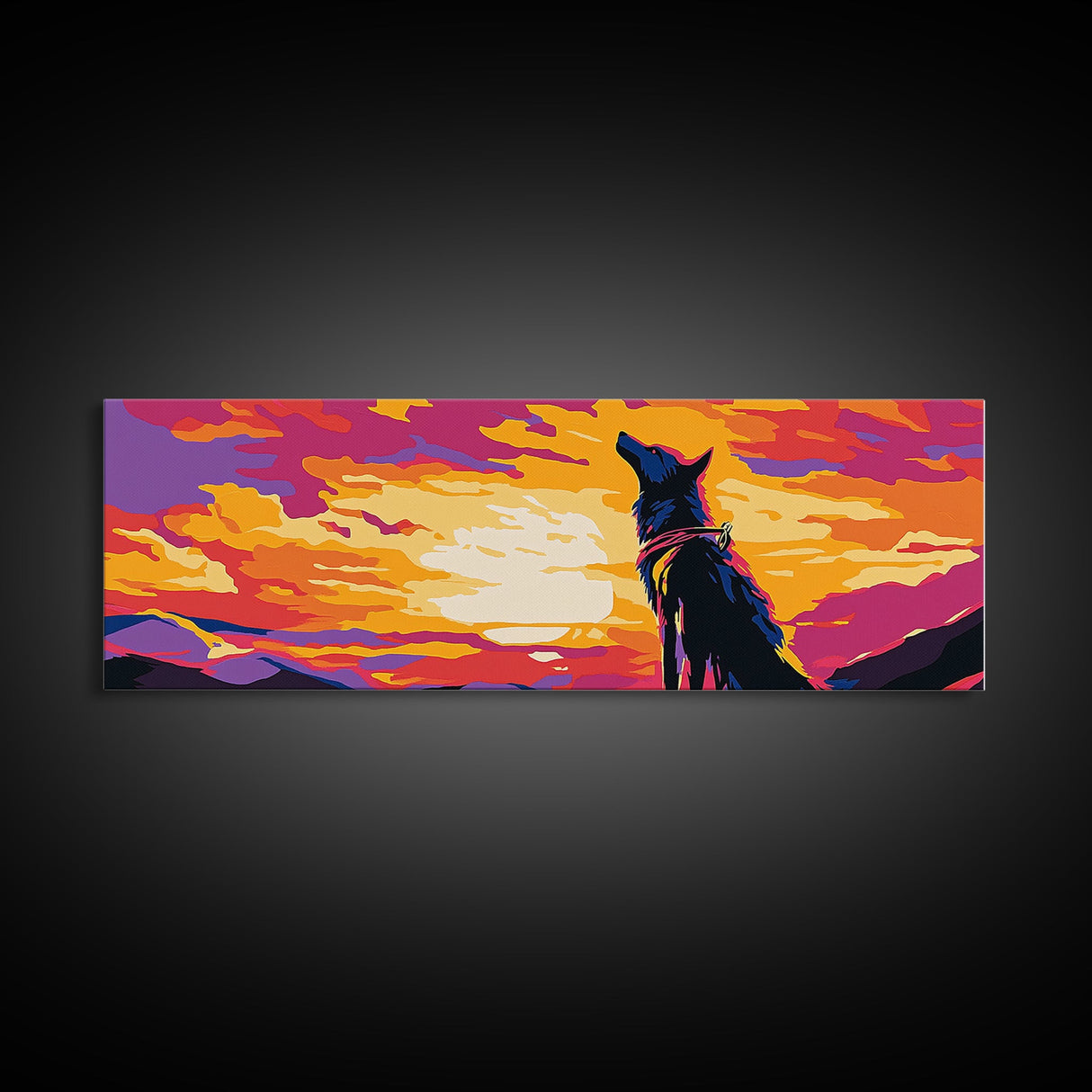 Colorful Wolf Art, sunset animal painting, moody art, pink orange wall art, extra wide art, framed canvas print, panoramic painting