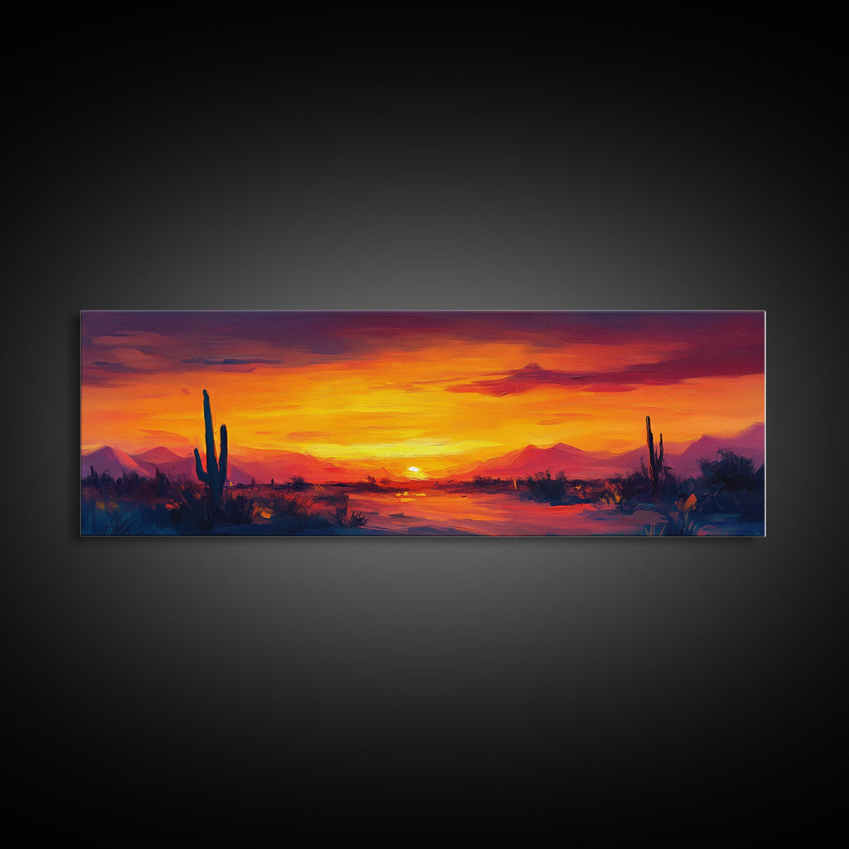 Sunset Cactus Art, southwest wall art, desert landscape painting, extra wide art, panoramic painting, framed canvas print, rustic decor, horizontal wall art