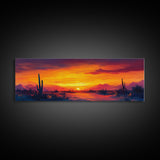 Sunset Cactus Art, southwest wall art, desert landscape painting, extra wide art, panoramic painting, framed canvas print, rustic decor, horizontal wall art