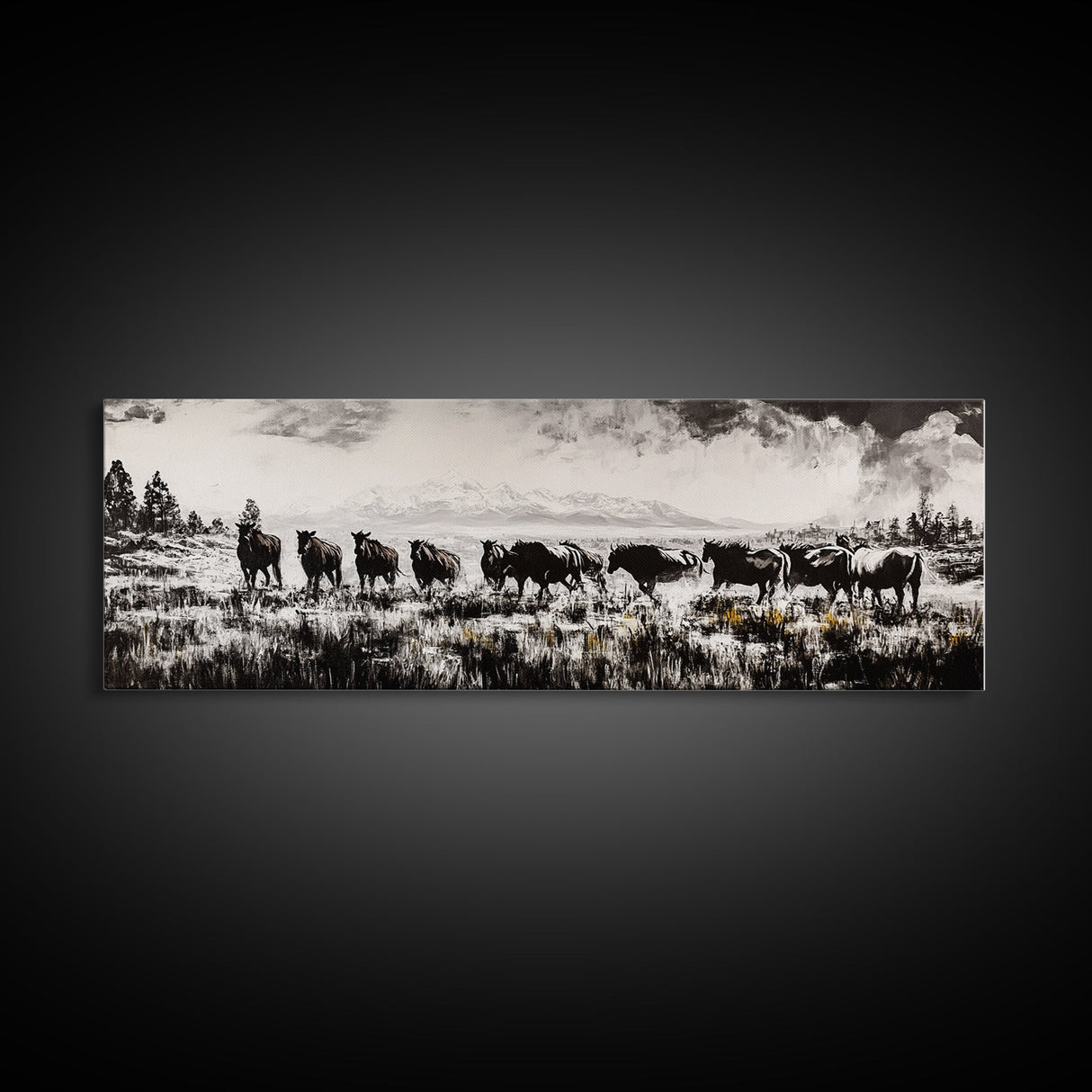 Black And White Wall Art, Framed Canvas Print, Vintage Horse Art, Rustic Wall Art, Extra Wide Art, Moody Art, Western Art, Above Bed Art