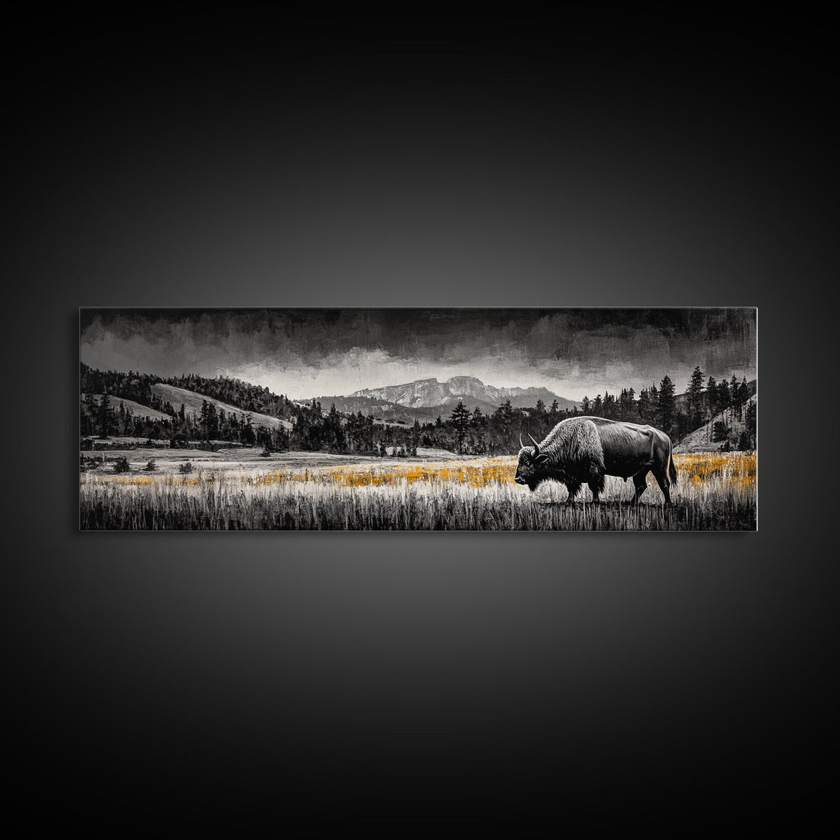 Bison art, mountain painting, black and white western art, farmhouse art, smoky mountain art, extra wide art, framed canvas print