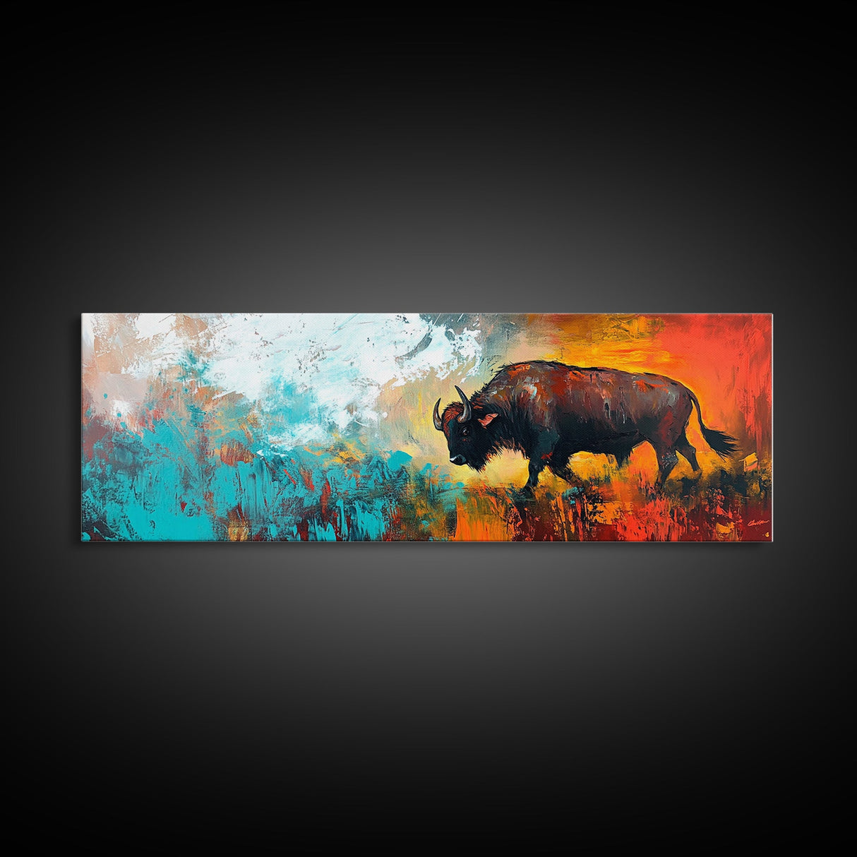 Abstract bison, rustic decor, teal wall art, western painting, bold color art, boho art, extra wide art, framed canvas print
