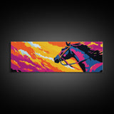 Horse silhouette, sunset, pink orange wall art, colorful equestrian, western art, extra wide art, framed canvas print, panoramic painting