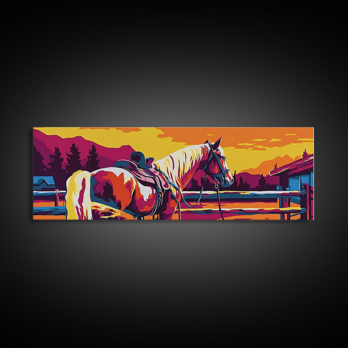Western horse, saddle, cowboy, sunset, rustic wall art, panoramic art, framed canvas print, extra wide art, horse wall art