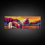 Western horse, saddle, cowboy, sunset, rustic wall art, panoramic art, framed canvas print, extra wide art, horse wall art