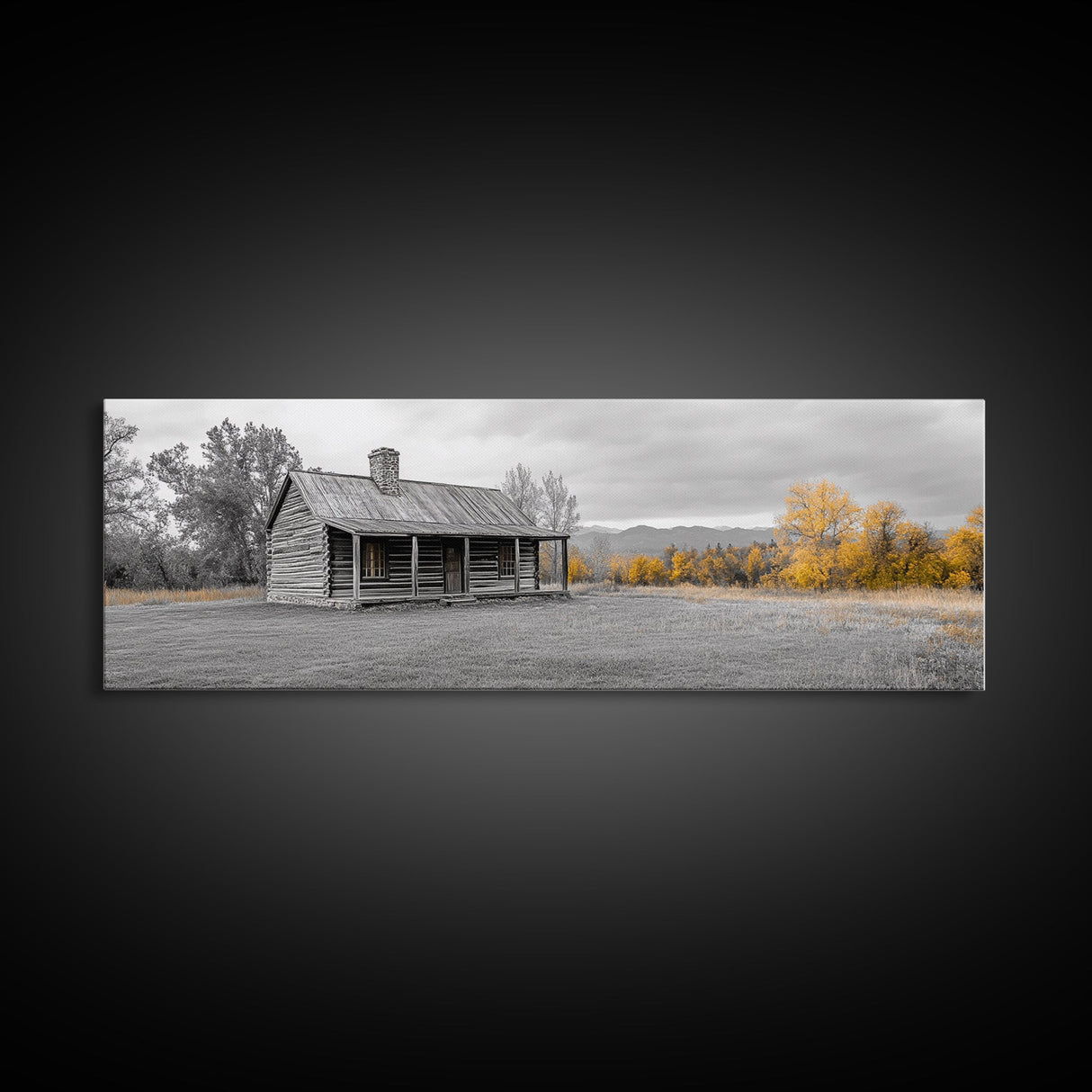 Log Cabin, Fall Art, Rustic Wall Art, Farmhouse Art, Cozy Cabin Art, Landscape Painting, Wabi Sabi Art, Above Couch Art, Framed Canvas Print