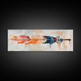 Colorful feather, native art, southwestern decor, rustic wall art, boho art, framed canvas print, extra wide art, tribal painting