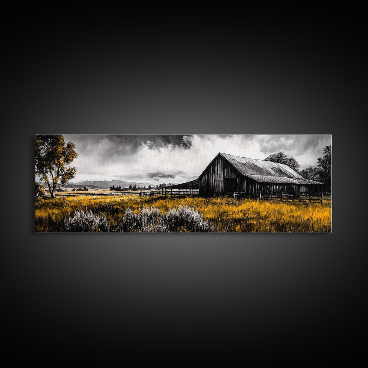 Western Ranch, barn landscape oil painting, rustic decor, farmhouse art, extra wide art, framed canvas print, above couch wall art