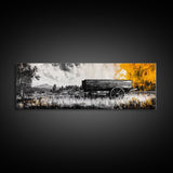 Vintage wooden wagon, rustic wall art, barn landscape oil painting, black and white art, extra wide art, framed canvas print, farmhouse art