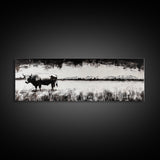 Bull and bear art, black and white painting, rustic wall art, farmhouse decor, extra wide art, framed canvas print, moody art, landscape painting