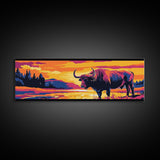 Buffalo painting, colorful animal art, rustic decor, extra wide art, framed canvas print, southwest wall art, landscape painting, wild west art