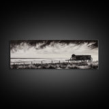 Stormy Wagon, black and white art, moody western painting, rustic decor, farmhouse wall art, extra wide panoramic art, framed canvas print.