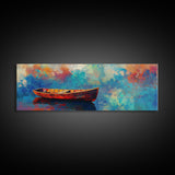 Colorful Boat Painting, coastal landscape art, nautical decor, seascape painting, vibrant wall art, framed canvas print, extra wide art