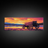 Sunset Wagon Painting, southwest wall art, boho art, Joshua tree art, rustic decor, warm tones, framed canvas print, extra wide art
