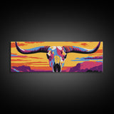 Longhorn Skull, southwest wall art, bull and bear art, pink orange wall art, extra wide art, Framed Canvas Print, rustic decor