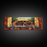 Rustic Wagon Wheel, farmhouse art, southwest wall art, wildflower painting, boho art, extra wide art, framed canvas print, landscape painting