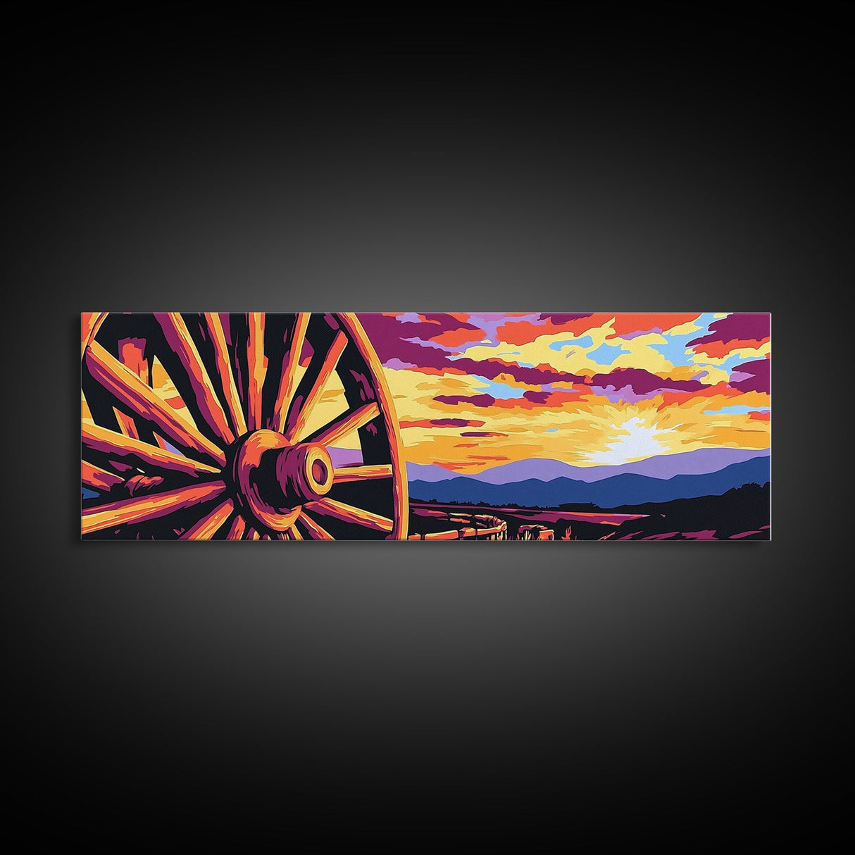 Vibrant Wagon Sunset, pink abstract art, poppy wall art, boho art, panoramic painting, extra wide art, framed canvas print, vintage wall art