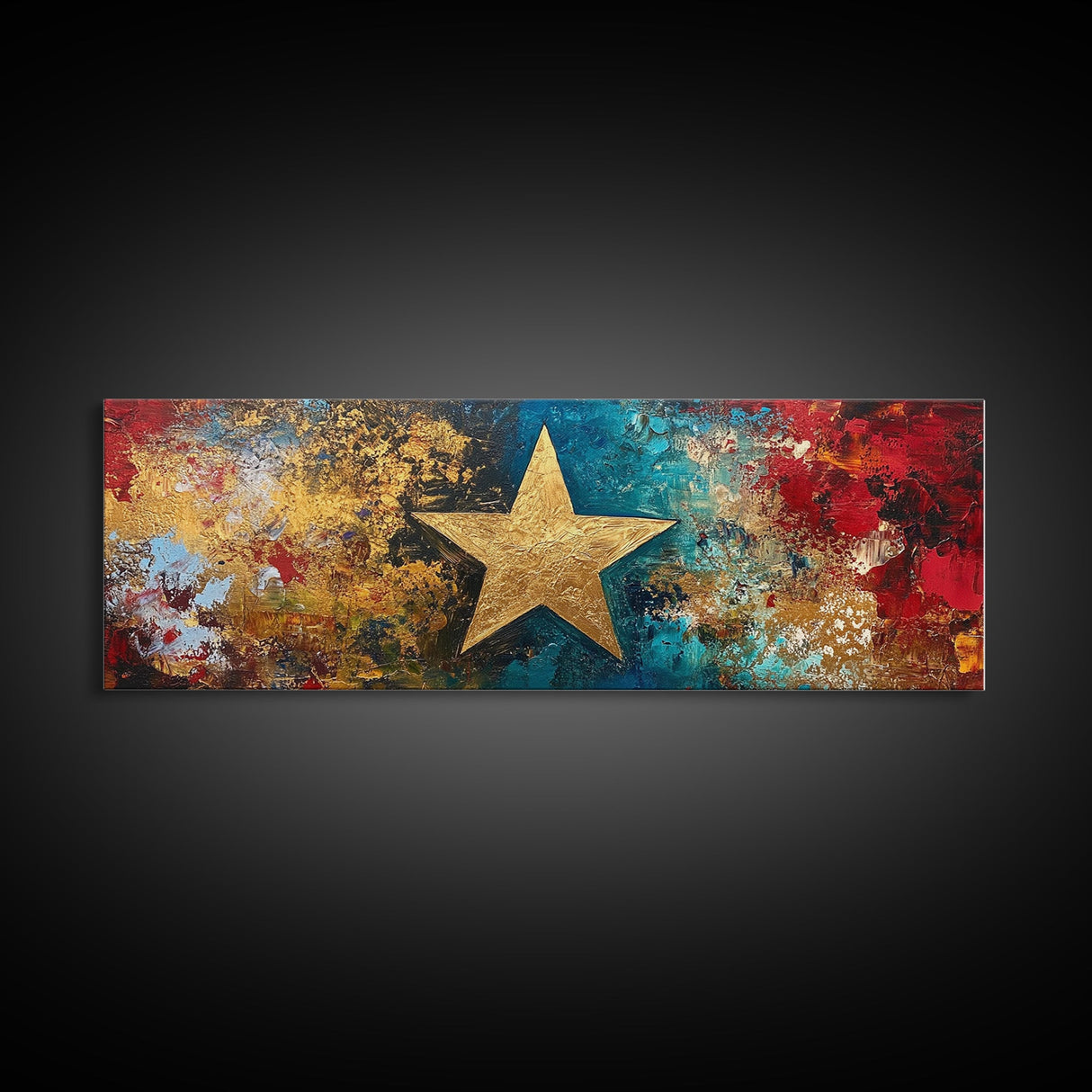 Golden Star, abstract art, bold colors, textured wall art, framed canvas print, mosaic wall art, extra wide art, above couch art