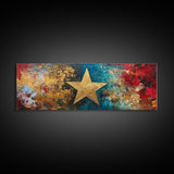 Golden Star, abstract art, bold colors, textured wall art, framed canvas print, mosaic wall art, extra wide art, above couch art