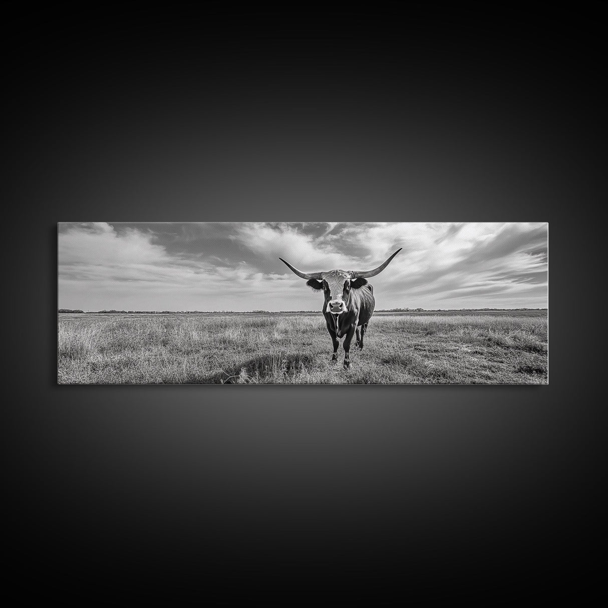 Texas Longhorn, Rustic Wall Art, Canvas Print, Farmhouse Art, Western Decor, Above Bed Art, Extra Wide Art, Moody Black And White Art