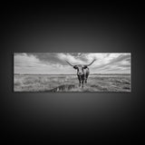 Texas Longhorn, Rustic Wall Art, Canvas Print, Farmhouse Art, Western Decor, Above Bed Art, Extra Wide Art, Moody Black And White Art