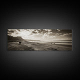Cattle On Beach, Wabi Sabi Art, Framed Canvas Print, Coastal Landscape Art, Rustic Decor, Extra Wide Art, Moody Art, Minimalist Art