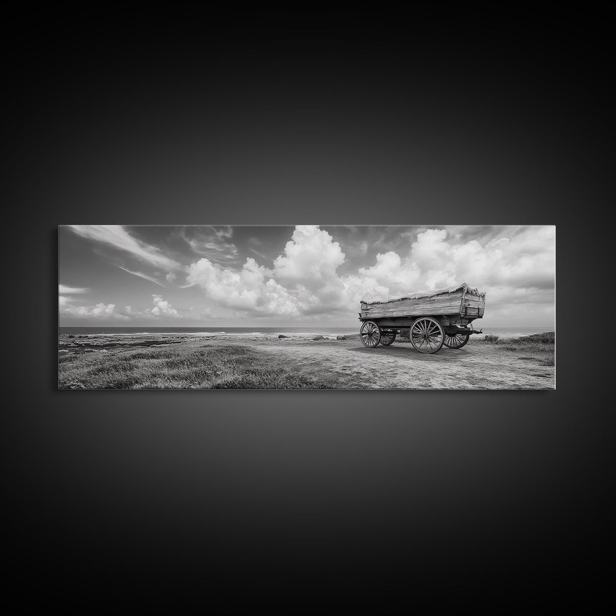 Rustic Wagon, coastal landscape art, extra wide art, panoramic painting, farmhouse art, framed canvas print, nautical wall art