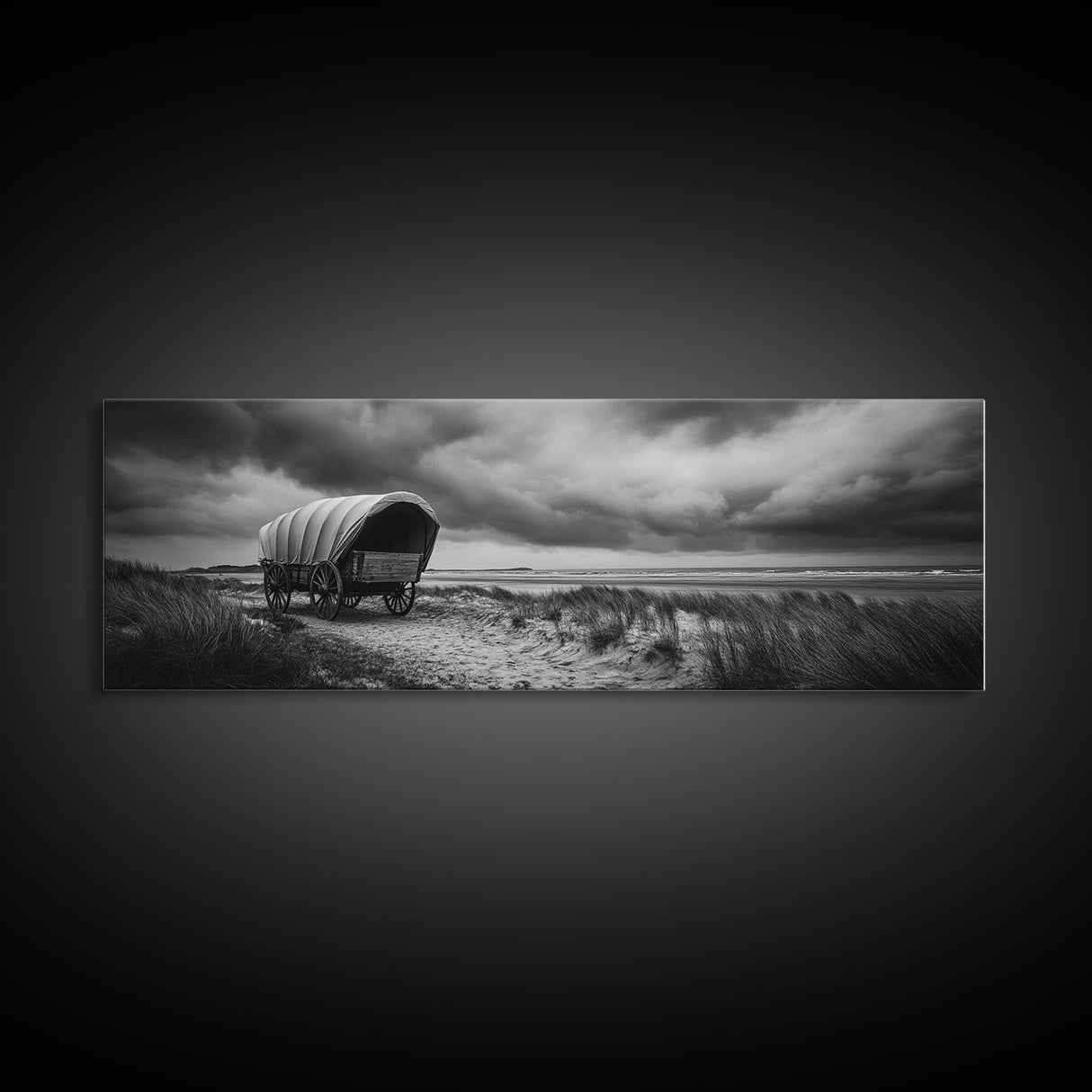 Covered Wagon, coastal cowgirl wall art, rustic decor, farmhouse art, long narrow wall art, framed canvas print, extra wide art