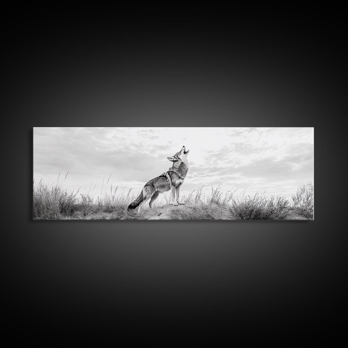 Lone Coyote, southwest wall art, wabi sabi art, extra wide art, moody art, landscape painting, framed canvas print, panoramic art