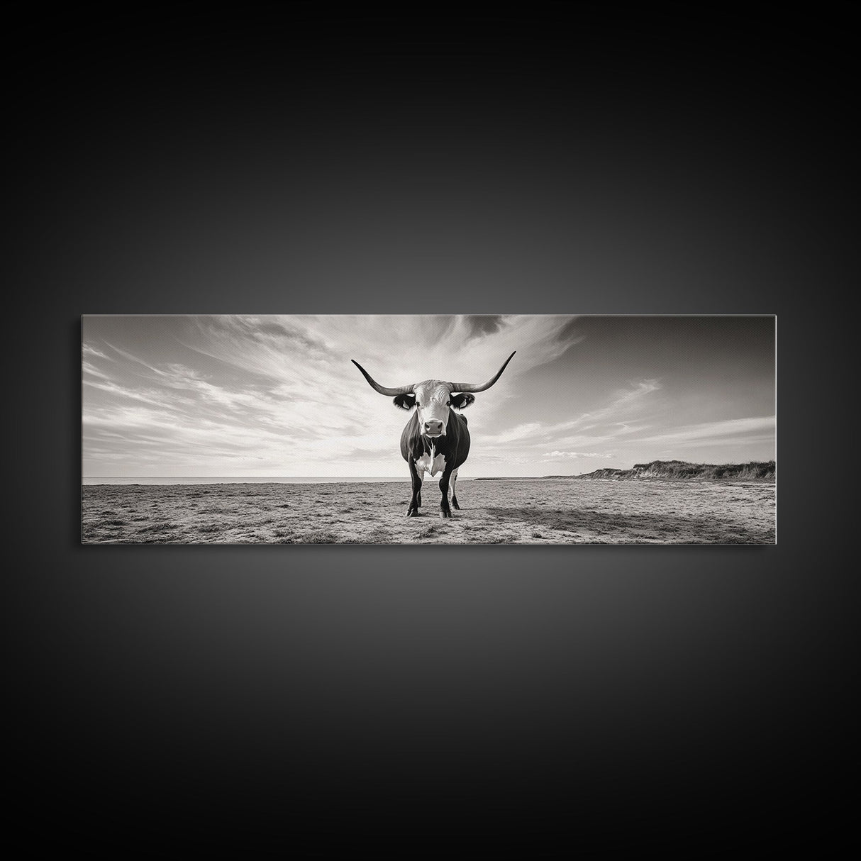 Longhorn, western landscape, bull and bear art, panoramic art, extra wide art, rustic wall art, framed canvas print, farmhouse decor, moody art
