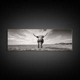 Longhorn, western landscape, bull and bear art, panoramic art, extra wide art, rustic wall art, framed canvas print, farmhouse decor, moody art